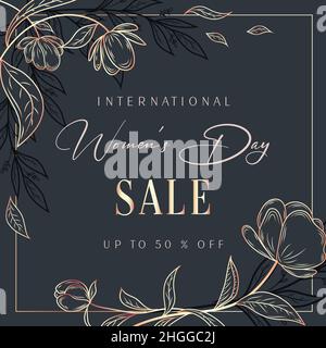 International Women's Day sale banner with golden decor elements. Stock Vector
