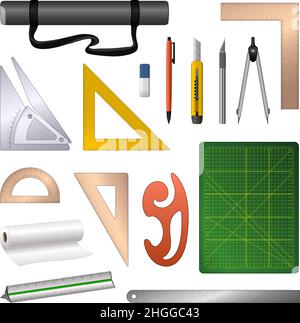 Architect equipment icons set cartoon vector. Residential architecture. Design school Stock Vector