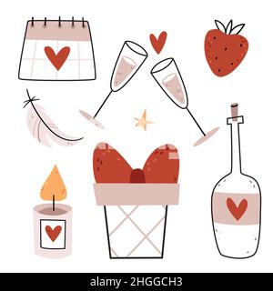 Set of vector illustrations for Valentine's Day. Hearts, gifts, champagne, glasses, pen, candle, calendar. Flat, linear, minimalism illustration. Stock Vector