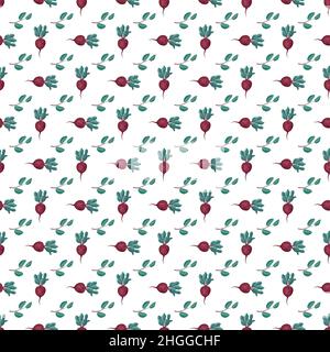 Seamless pattern with beet. Print of healthy vegetables, half and green leaves of tops on blue background. Vector flat illustration Stock Vector