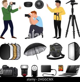 Photographer equipment icons set cartoon vector. Professional photo. Gear camera Stock Vector