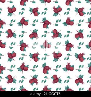 Seamless pattern with beet. Print of healthy vegetables, half and green leaves of tops on blue background. Vector flat illustration Stock Vector