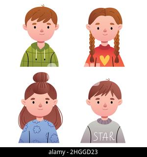 Set of children. Avatars of girls and boys in different clothes. Happy childhood, kindergarten. Stock Vector