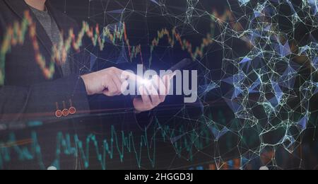 Finance Content marketing.Business Analytics Data Management System concept on dark background. Stock Photo
