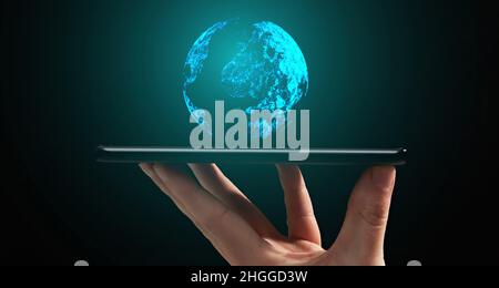 Stock market, Business growth, progress or success concept. Hand of Businessman or trader is showing a growing virtual hologram stock on smartphone Stock Photo