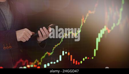 Finance Content marketing.Business Analytics Data Management System concept on dark background. Stock Photo