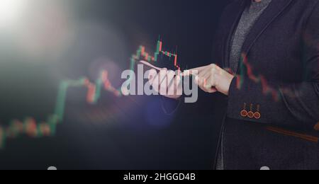 Finance Content marketing.Business Analytics Data Management System concept on dark background. Stock Photo