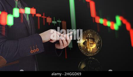 Finance Content marketing.Business Analytics Data Management System concept on dark background. Stock Photo