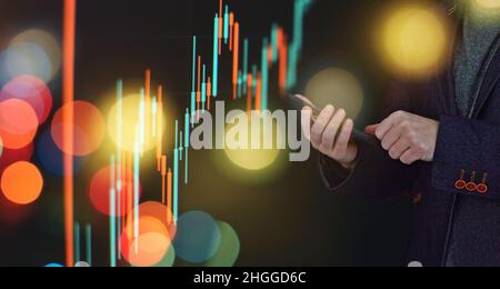Finance Content marketing.Business Analytics Data Management System concept on dark background. Stock Photo