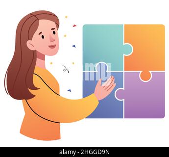 The girl assembles a puzzle.Concept of logical thinking, analytical mind, human intelligence, problem solving, brainstorming. Stock Vector