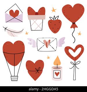Set of vector illustrations for Valentine's Day. Hearts, gifts, candy, candle, feather, stars. Flat, linear, minimalism illustration. Stock Vector