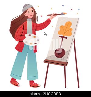 Hipster girl artist in stylish clothes paints a picture. Contemporary art. Stock Vector