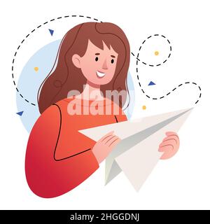 Girl with paper airplane.Sending, receiving open read messages on mobile phone.Girl launched paper,mail airplane.New notification. Stock Vector