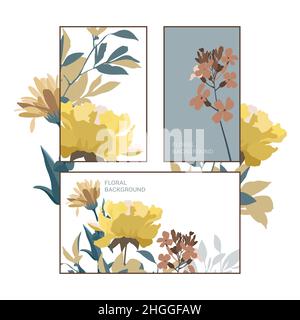 Vector horizontal and vertical floral banners with yellow flowers on white and dark backgrounds.  Stock Vector