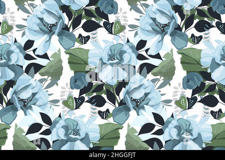 Vector floral seamless pattern. Blue flowers with green leaves and butterflies isolated on a white background.  Stock Vector