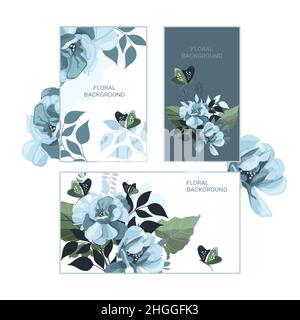 Vector horizontal and vertical floral banners with blue flowers and butterflies on white and dark backgrounds.  Stock Vector