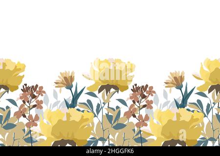 Vector floral seamless pattern, border. Horizontal panoramic design with yellow flowers isolated on a white background.  Stock Vector