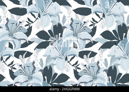 Vector floral seamless pattern. Design with blue lily flowers and leaves isolated on a white background.  Stock Vector