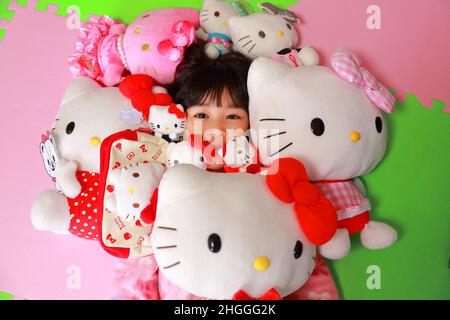 Child at Home with Her Favorite Cute Hello Kitty Stuffed Toys Stock Photo -  Alamy