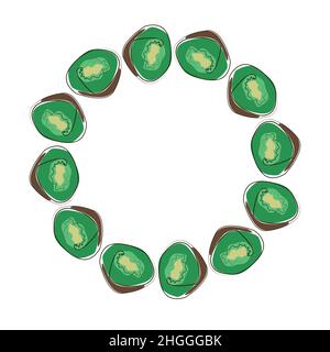 Delicious kiwi, collected in a composition in a circle on a white background. Round frame of exotic and garden fruits. Healthy natural nutrition Stock Vector