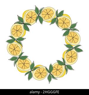 Delicious lemon, collected in a composition in a circle on a white background. Round frame of exotic and garden fruits. Healthy natural nutrition Stock Vector
