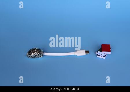 Study, learning, knowledge transfer concept. White cable, brain model and pile of books on blue background. Stock Photo