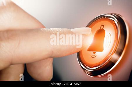 Finger pressing bell button to enable notifications. Composite image between a hand photography and a 3D background. Stock Photo
