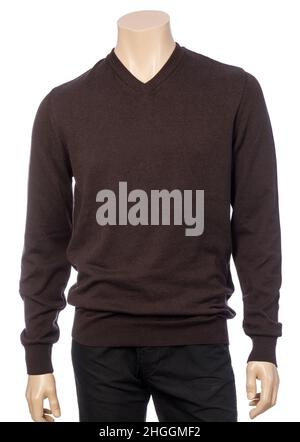 Brown classic wool v-neck jumper on mannequin isolated on a white background Stock Photo