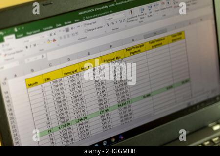 Shot of an excel sheet on laptop screen showing bank loan amortization table Stock Photo