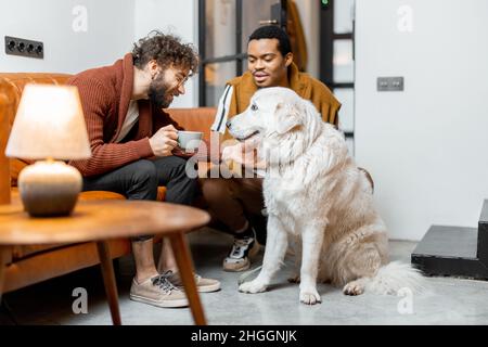 Gay couple having fun with a dog at home Stock Photo