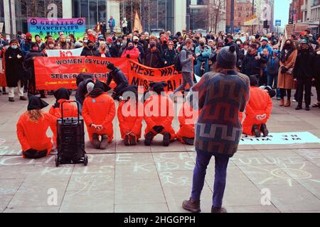 Manchester, UK - 15 January: 'Kill The Bill' protest at St Peter's Square. Stock Photo