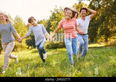 Happy family and two children are walking hand in hand across a meadow in summer Stock Photo