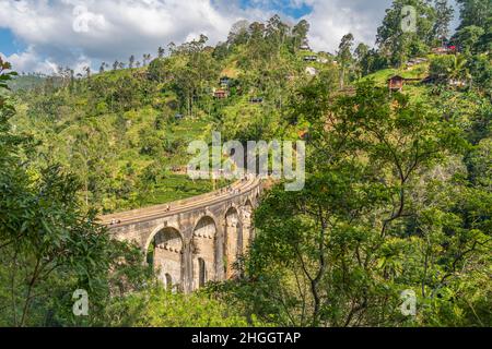 ELLA, SRI LANKA - DECEMBER 27.2021: Ella nine arch bridge, one of Sri Lankas most famous tourist attraction Stock Photo