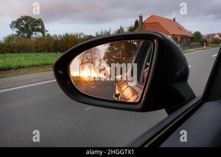 sunset in the rear view mirror of a car, Germany, Lower Saxony Stock Photo