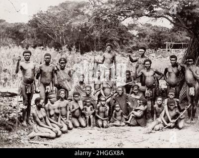 Late 19th century vintage photograph: Indigenous village group, with weapons, South Africa Stock Photo