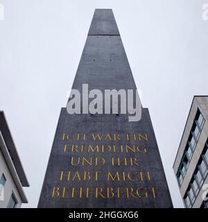 Artwork Obelisk with a quote from the Gospel of Matthew, Florentiner Platz, Germany, Hesse, Cassel Stock Photo