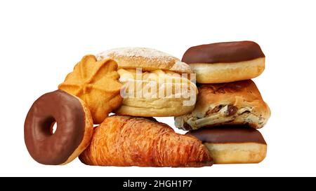 Donuts and pastries in a studio setting, isolated on white. Stock Photo