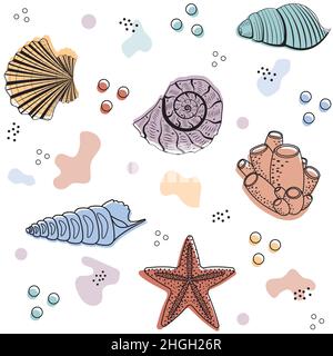 A pattern of seashells of different colors on a white striped background. Stock Vector