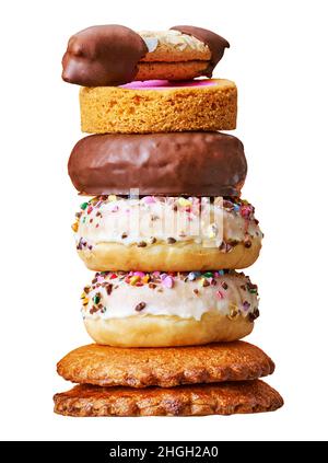 Donuts, cookies and pastries in a studio setting, isolated on white. Stock Photo
