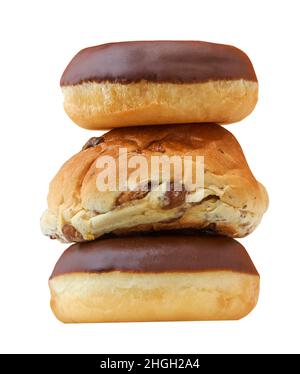 Donuts and a bun in a studio setting, isolated on white. Stock Photo