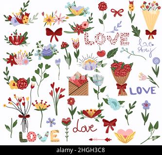 Big set flowers, leaves, Love, bouquet flowers, envelope with flowers. Wedding concept and St. Valentine's day. Colorful Cute illustration isolated a white background. Flat icon set. Vector. Stock Vector
