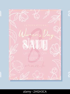 Banner for International Women's Day. Flyer for March 8 sale with floral decor. Design vertical web offer with a pattern of flowers for advertising a Stock Vector