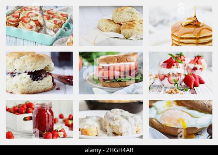 Collage of American style breakfast including french toast casserole, southern biscuits, pancakes, parfaits, jam, eggs, biscuits and gravy. Stock Photo