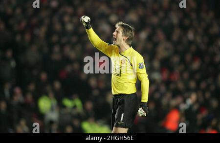 Edwin van der Sar dutch Goalkeeper here playing and celebrating for Manchester United during a FA cup match against Southampton on the 4th January 2009.This image is bound by Dataco restrictions on how it can be used. EDITORIAL USE ONLY No use with unauthorised audio, video, data, fixture lists, club/league logos or “live” services. Online in-match use limited to 120 images, no video emulation. No use in betting, games or single club/league/player publications Stock Photo