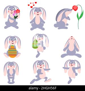 A set of cute cartoon Easter bunnies, vector isolated on a white background Stock Vector