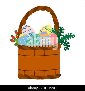 Easter wicker basket with painted eggs. Isolated on a white background. Vector graphics are available. Stock Vector