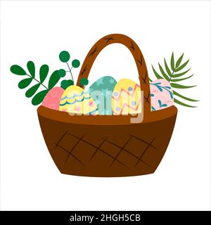 Basket with Easter eggs. Vector drawing of multicolored eggs with drawings on a white background. Stock Vector