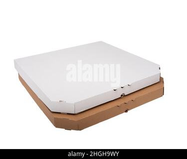 Carton pizza boxes, delivery packging concept. White background, mock up copy space Stock Photo