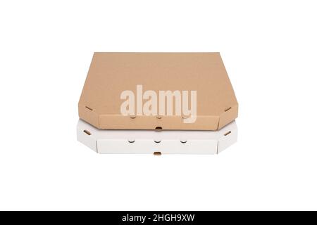 Carton pizza boxes, delivery packging concept. White background, mock up copy space Stock Photo