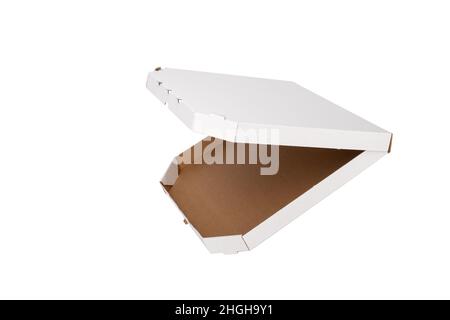 Pizza paper box isolated on white background. Empty pizza box, mock up copy space Stock Photo